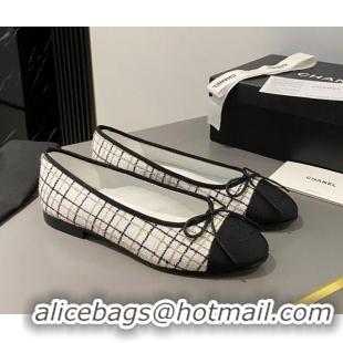 Buy Discount Chanel Tweed & Grosgrain Classic Ballet Flat White/Black 322055