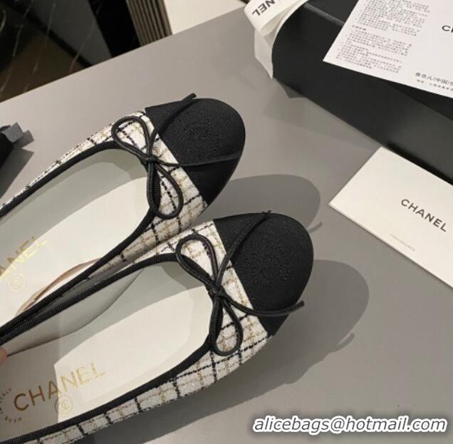 Buy Discount Chanel Tweed & Grosgrain Classic Ballet Flat White/Black 322055