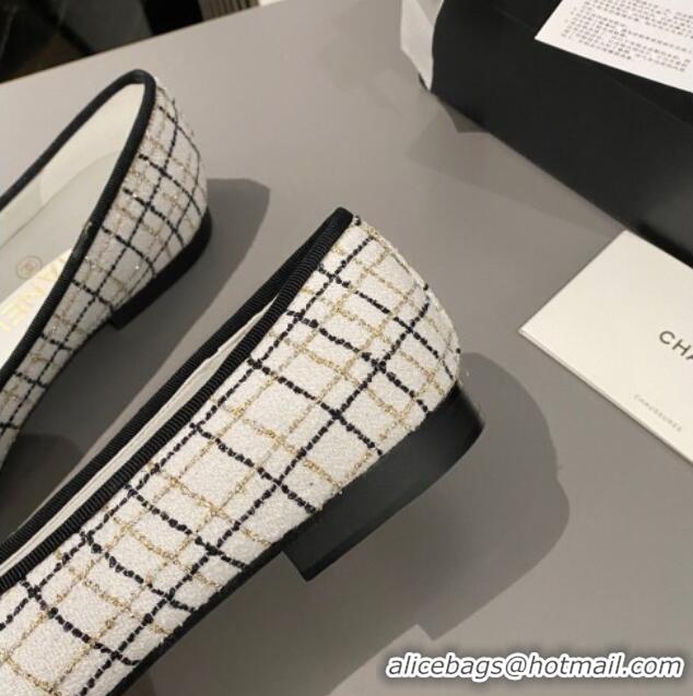 Buy Discount Chanel Tweed & Grosgrain Classic Ballet Flat White/Black 322055