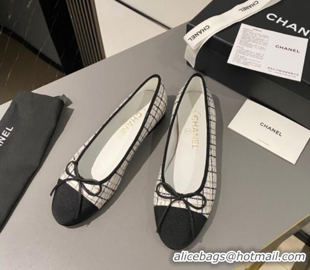 Buy Discount Chanel Tweed & Grosgrain Classic Ballet Flat White/Black 322055