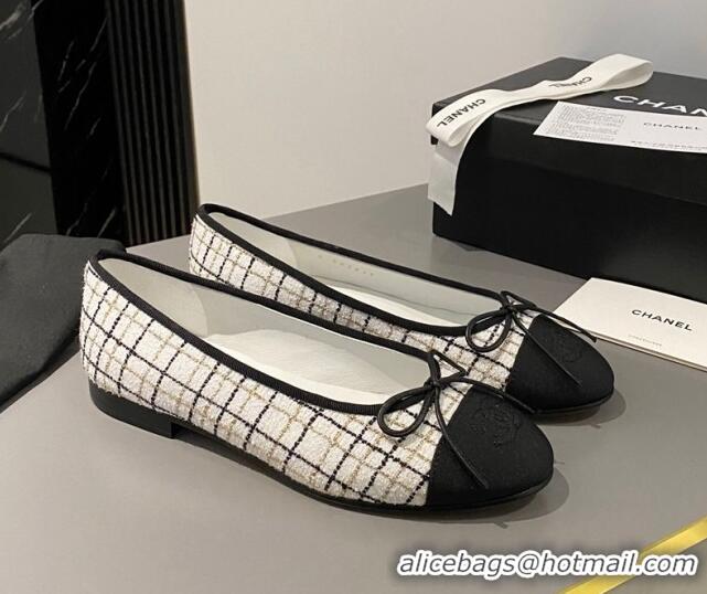 Buy Discount Chanel Tweed & Grosgrain Classic Ballet Flat White/Black 322055