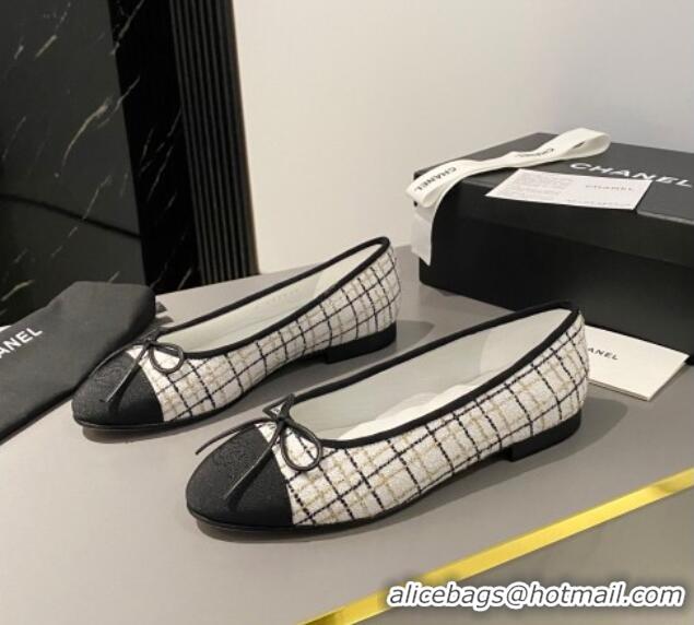 Buy Discount Chanel Tweed & Grosgrain Classic Ballet Flat White/Black 322055