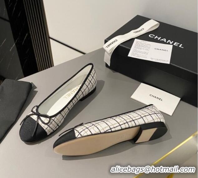 Buy Discount Chanel Tweed & Grosgrain Classic Ballet Flat White/Black 322055