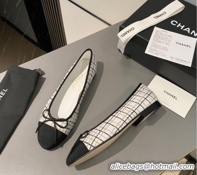 Buy Discount Chanel Tweed & Grosgrain Classic Ballet Flat White/Black 322055