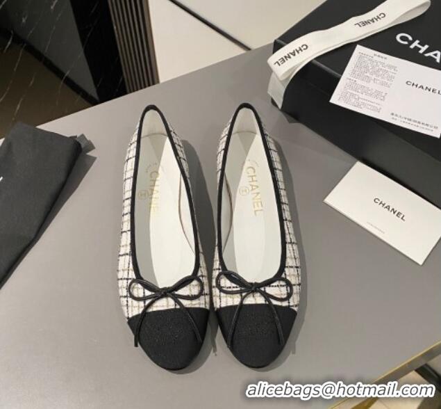 Buy Discount Chanel Tweed & Grosgrain Classic Ballet Flat White/Black 322055