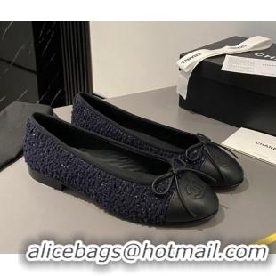 Best Price Chanel Tweed & Calfskin Classic Ballet Flat Dark Blue/Black 322056