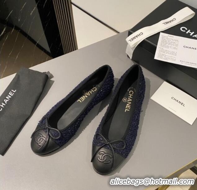 Best Price Chanel Tweed & Calfskin Classic Ballet Flat Dark Blue/Black 322056