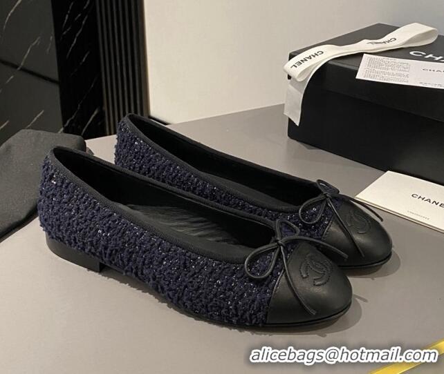 Best Price Chanel Tweed & Calfskin Classic Ballet Flat Dark Blue/Black 322056