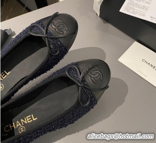 Best Price Chanel Tweed & Calfskin Classic Ballet Flat Dark Blue/Black 322056