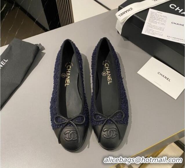 Best Price Chanel Tweed & Calfskin Classic Ballet Flat Dark Blue/Black 322056