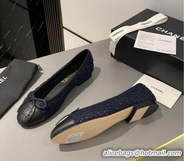 Best Price Chanel Tweed & Calfskin Classic Ballet Flat Dark Blue/Black 322056