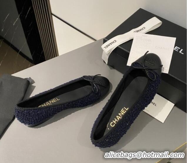 Best Price Chanel Tweed & Calfskin Classic Ballet Flat Dark Blue/Black 322056