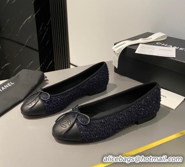 Best Price Chanel Tweed & Calfskin Classic Ballet Flat Dark Blue/Black 322056