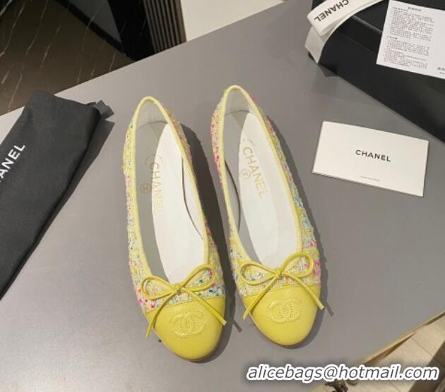 Sumptuous Chanel Tweed & Calfskin Classic Ballet Flat Yellow 322058