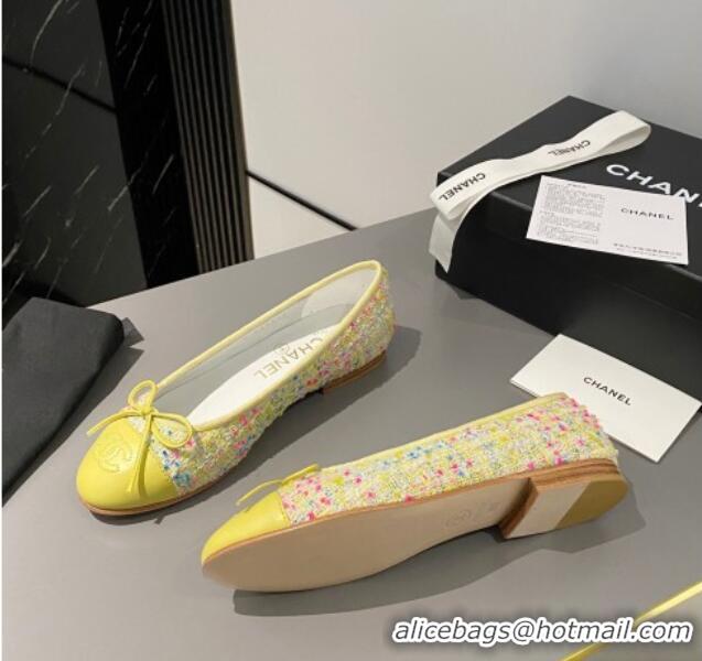 Sumptuous Chanel Tweed & Calfskin Classic Ballet Flat Yellow 322058