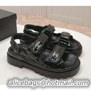 Good Quality Chanel Shiny Calfskin Strap Sandals Black 322059