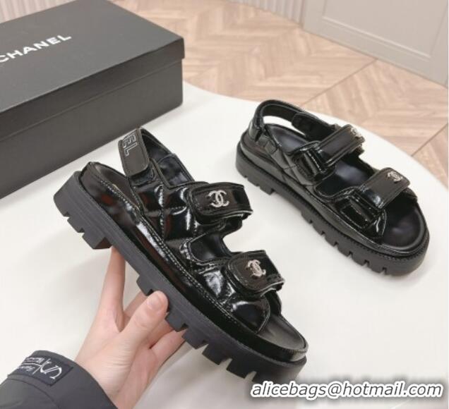 Good Quality Chanel Shiny Calfskin Strap Sandals Black 322059