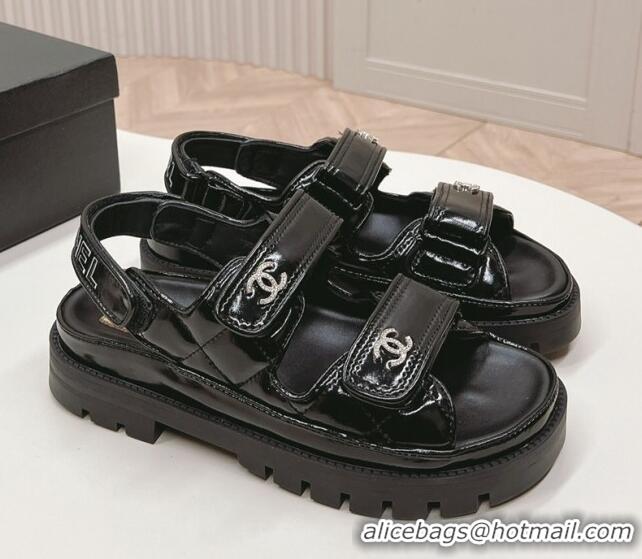 Good Quality Chanel Shiny Calfskin Strap Sandals Black 322059