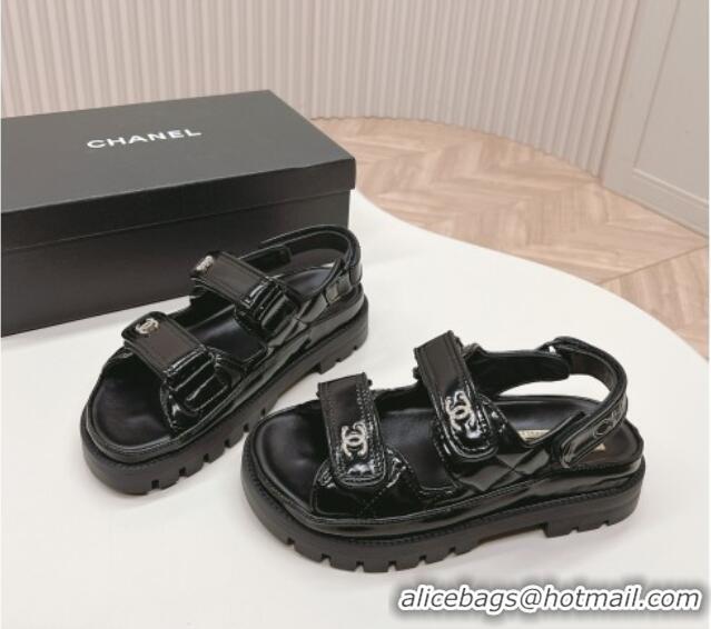 Good Quality Chanel Shiny Calfskin Strap Sandals Black 322059