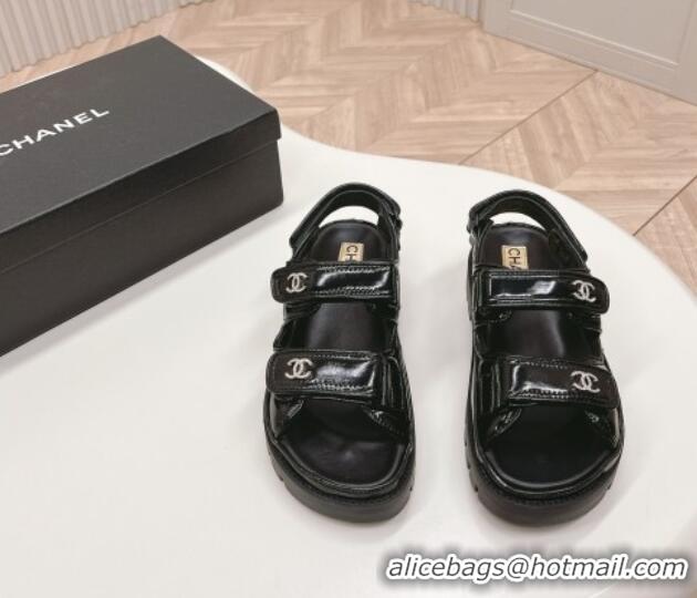 Good Quality Chanel Shiny Calfskin Strap Sandals Black 322059