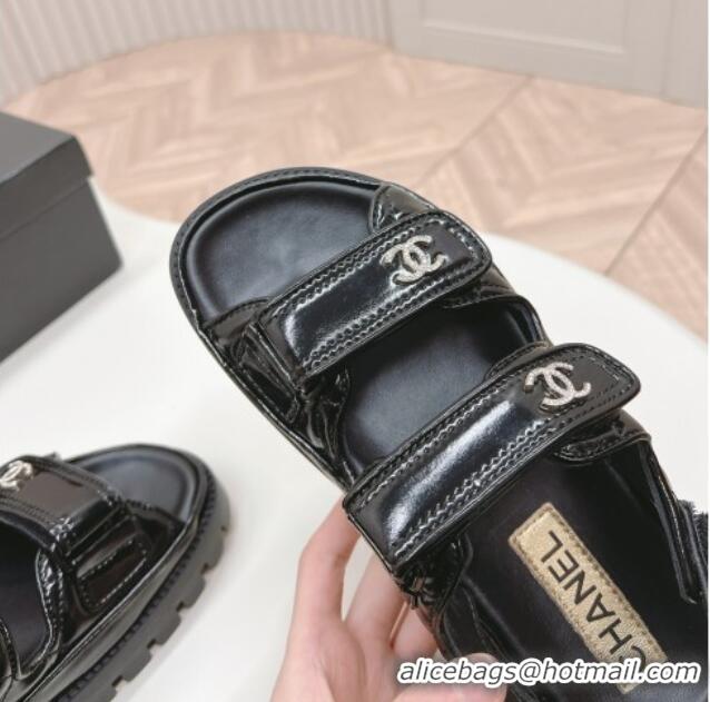 Good Quality Chanel Shiny Calfskin Strap Sandals Black 322059