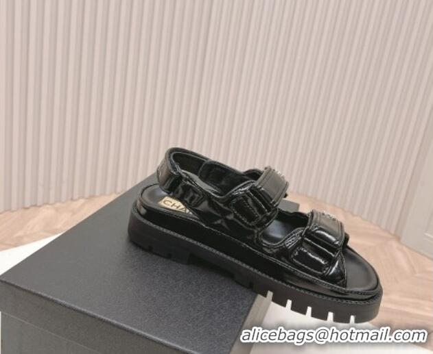 Good Quality Chanel Shiny Calfskin Strap Sandals Black 322059