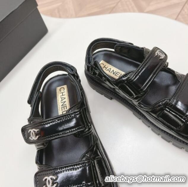 Good Quality Chanel Shiny Calfskin Strap Sandals Black 322059