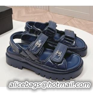 Best Grade Chanel Shiny Calfskin Strap Sandals Navy Blue 322061