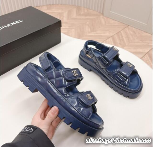 Best Grade Chanel Shiny Calfskin Strap Sandals Navy Blue 322061