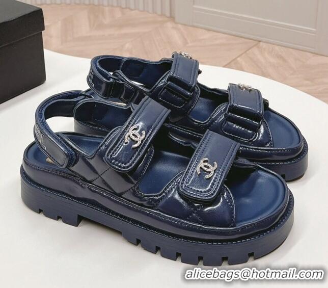 Best Grade Chanel Shiny Calfskin Strap Sandals Navy Blue 322061