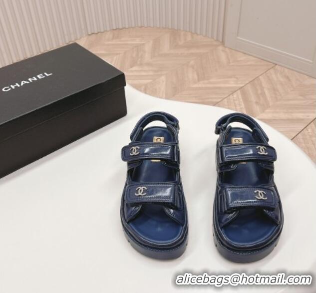 Best Grade Chanel Shiny Calfskin Strap Sandals Navy Blue 322061