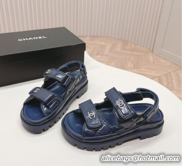 Best Grade Chanel Shiny Calfskin Strap Sandals Navy Blue 322061