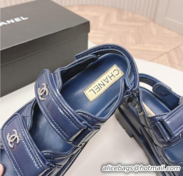 Best Grade Chanel Shiny Calfskin Strap Sandals Navy Blue 322061