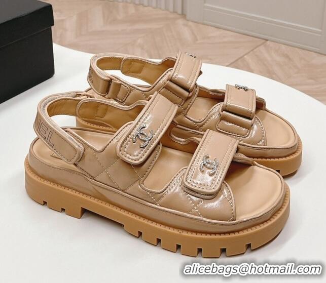 Good Quality Chanel Shiny Calfskin Strap Sandals Beige 322062