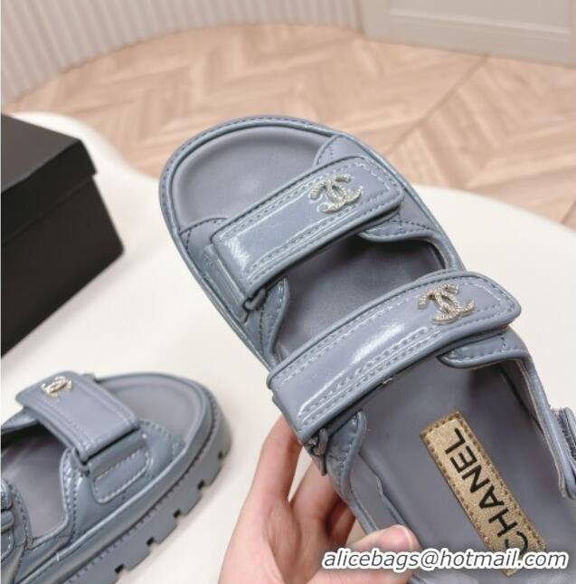 Popular Style Chanel Shiny Calfskin Strap Sandals Grey 322063