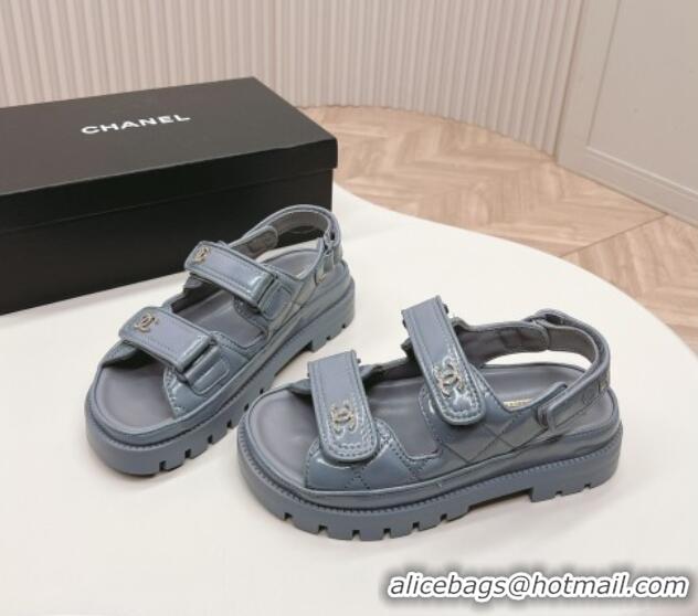 Popular Style Chanel Shiny Calfskin Strap Sandals Grey 322063