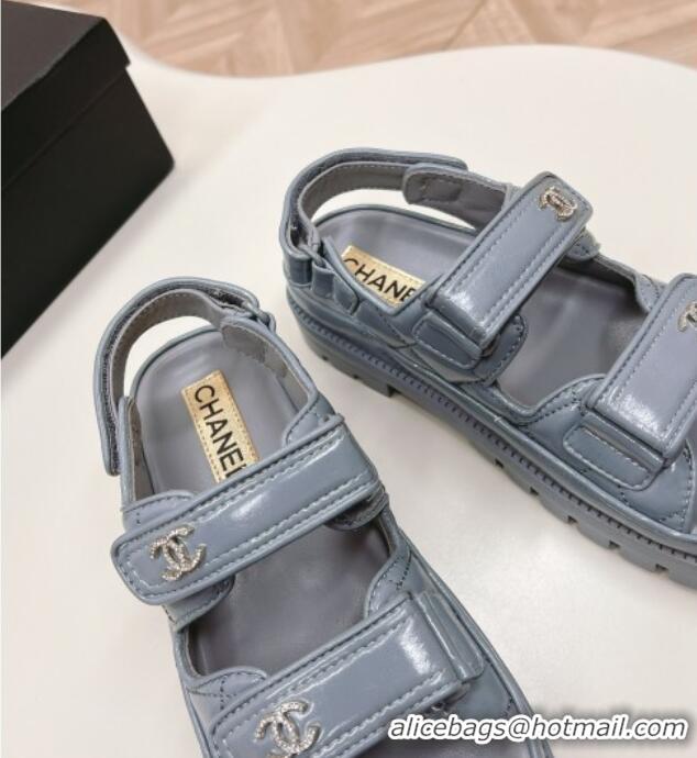 Popular Style Chanel Shiny Calfskin Strap Sandals Grey 322063