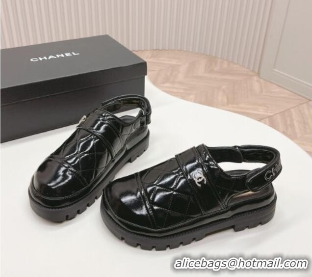 Unique Style Chanel Shiny Calfskin Slingback Shoes Black 322067