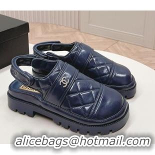 Good Quality Chanel Shiny Calfskin Slingback Shoes Navy Blue 322069