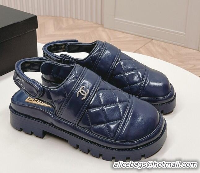 Good Quality Chanel Shiny Calfskin Slingback Shoes Navy Blue 322069