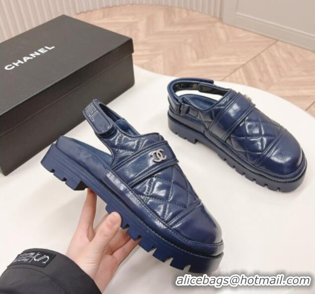 Good Quality Chanel Shiny Calfskin Slingback Shoes Navy Blue 322069