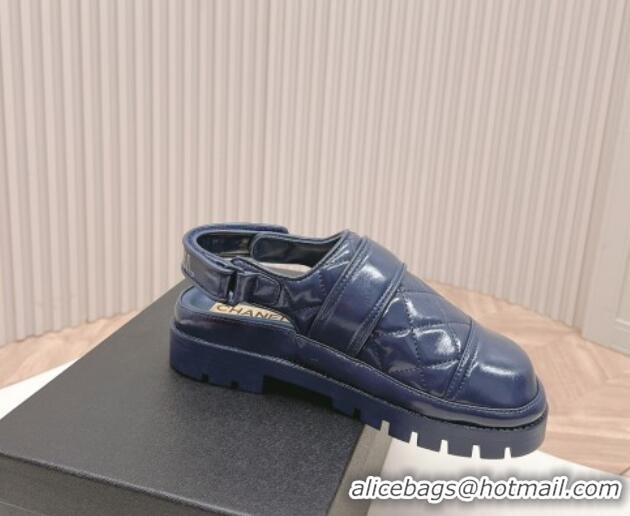 Good Quality Chanel Shiny Calfskin Slingback Shoes Navy Blue 322069