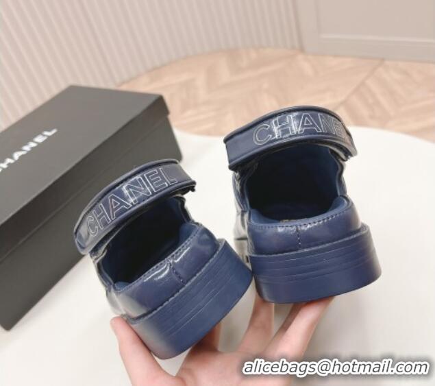 Good Quality Chanel Shiny Calfskin Slingback Shoes Navy Blue 322069