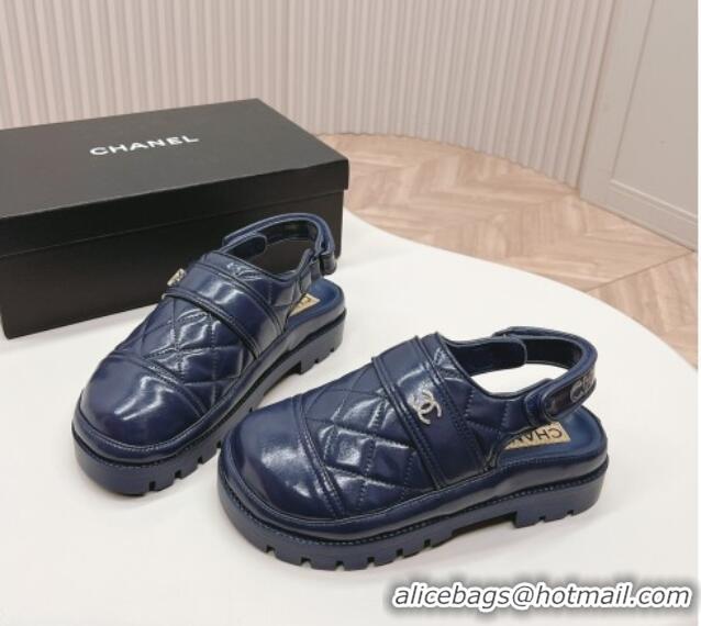 Good Quality Chanel Shiny Calfskin Slingback Shoes Navy Blue 322069