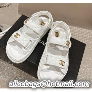 Perfect Chanel Calfskin Strap Sandals with Metal-Tone CC White 322072