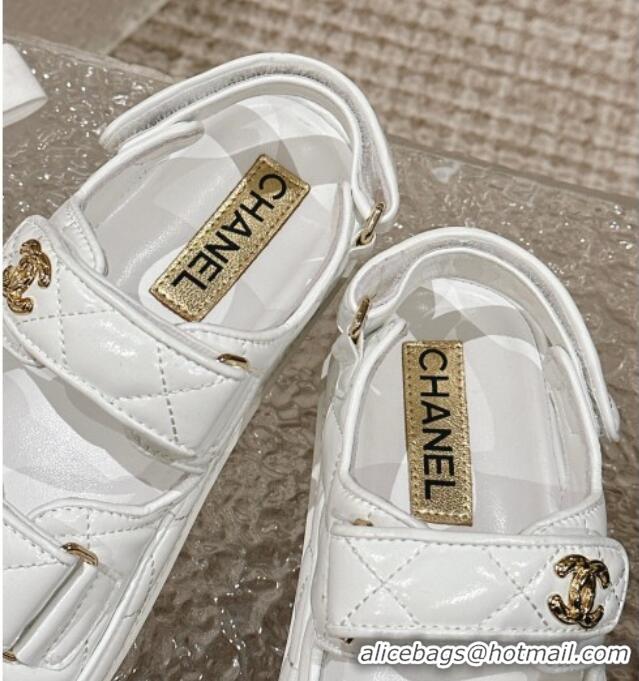 Perfect Chanel Calfskin Strap Sandals with Metal-Tone CC White 322072