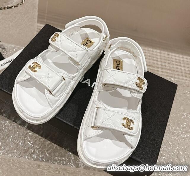 Perfect Chanel Calfskin Strap Sandals with Metal-Tone CC White 322072