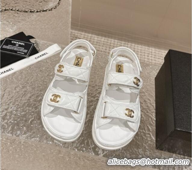 Perfect Chanel Calfskin Strap Sandals with Metal-Tone CC White 322072