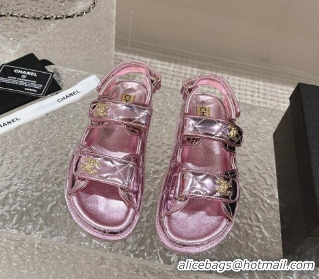 Best Product Chanel Calfskin Strap Sandals with Metal-Tone CC Pink 322074