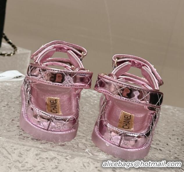 Best Product Chanel Calfskin Strap Sandals with Metal-Tone CC Pink 322074